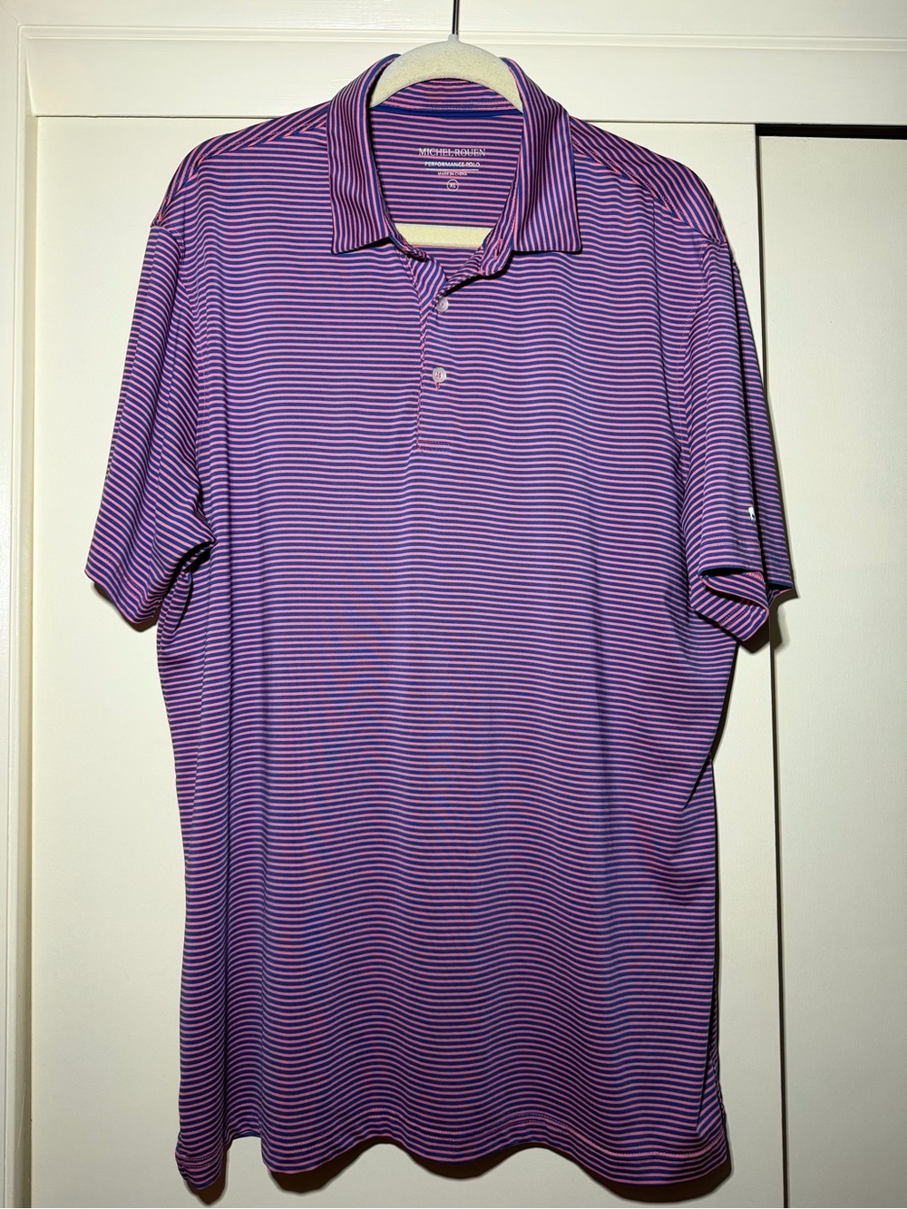 Michel Rouen Performance Men's Pink & Navy Striped Polo Golf Shirt Size XL